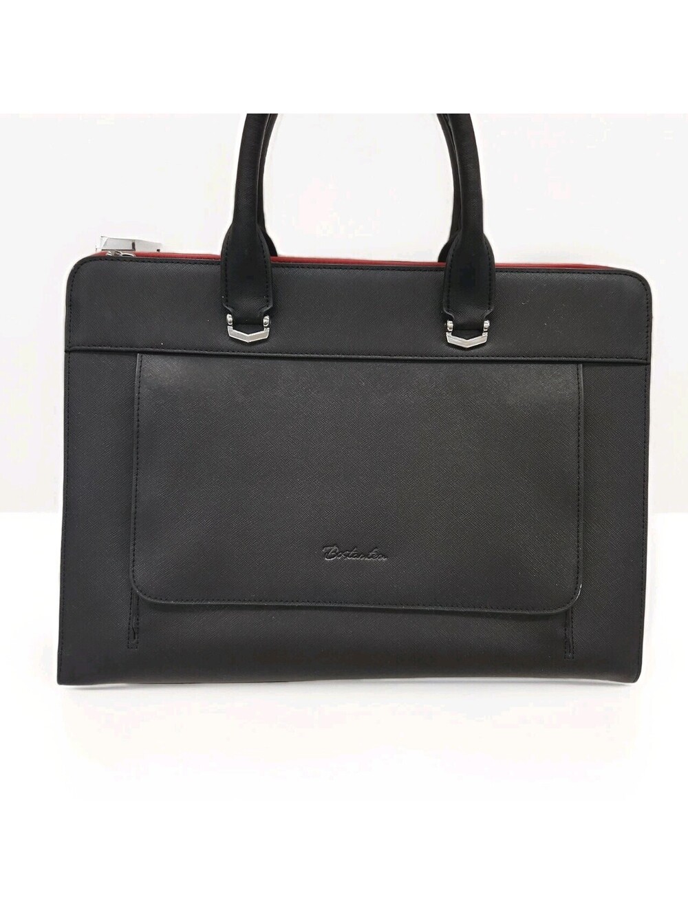 BOSTANTEN  Black/ Red Leather Briefcase 15.6 inch Laptop Bag Business Tote Strap